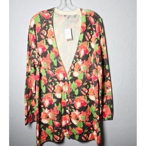 J. Jill Floral Longline Knit Cardigan Coral Green Cottagecore L NEW